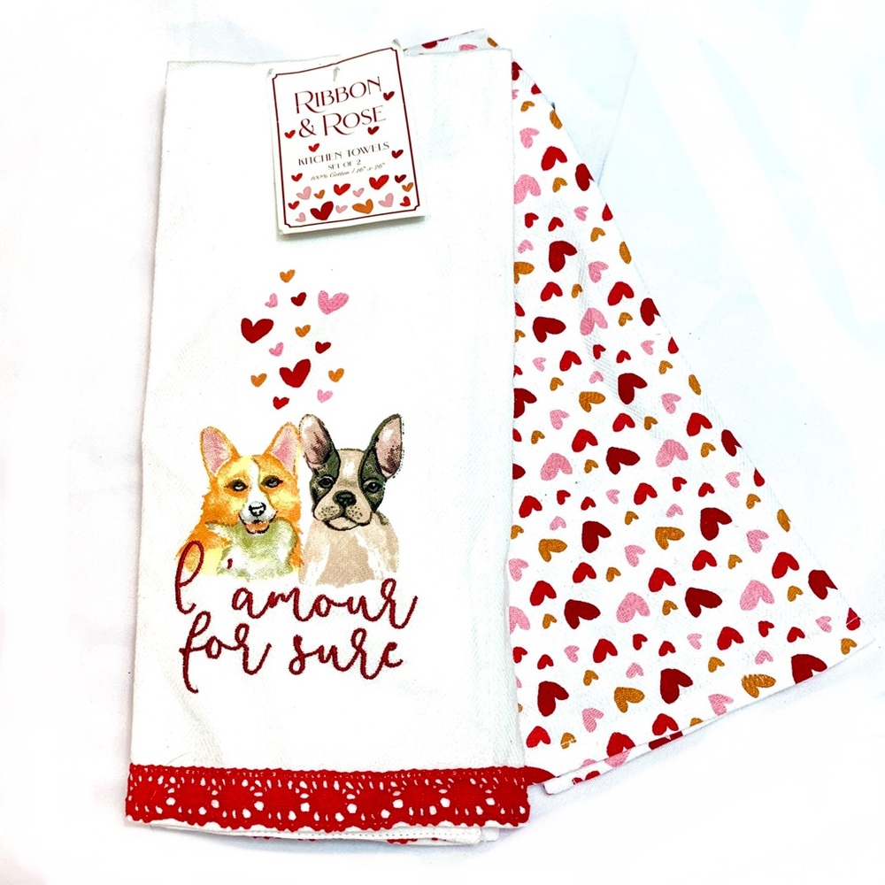 2pk Kitchen Towels ◈ Frenchie Corgi Valentine